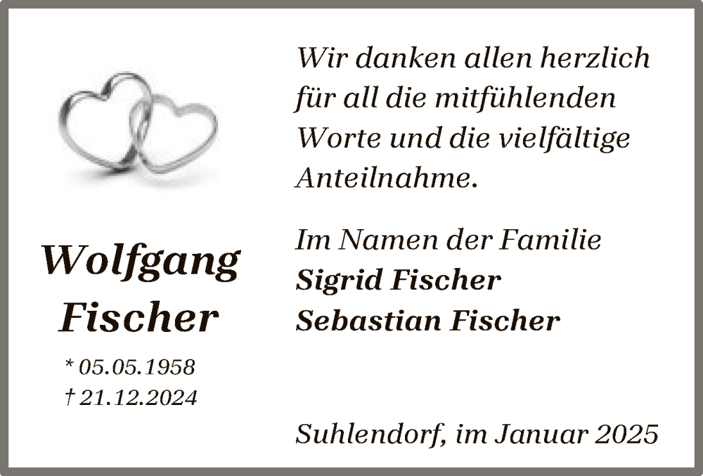  Traueranzeige für Wolfgang Fischer vom 25.01.2025 aus UEL