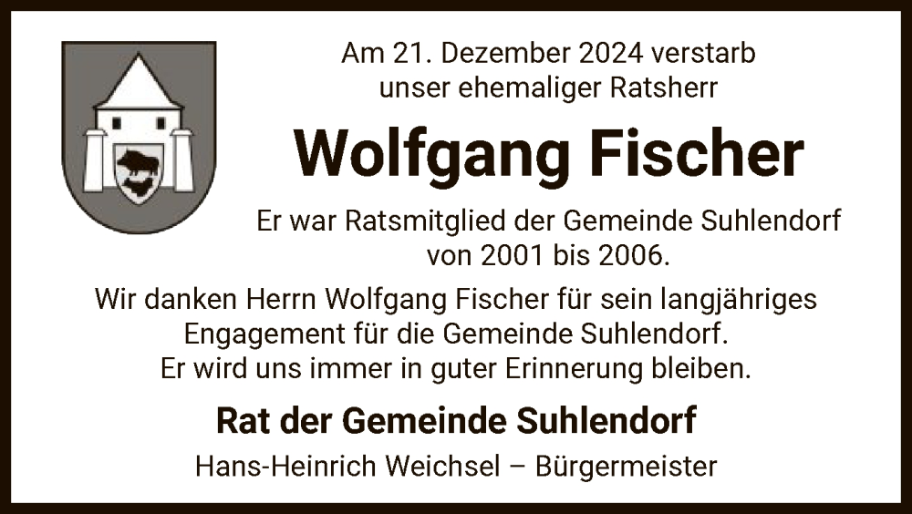  Traueranzeige für Wolfgang Fischer vom 04.01.2025 aus UEL