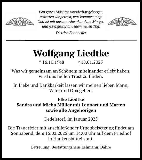 Traueranzeige von Wolfgang Liedtke von UEL