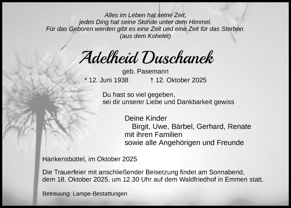  Traueranzeige für Adelheid Duschanek vom 15.10.2025 aus IK