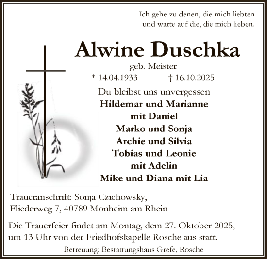 Traueranzeige von Alwine Duschka von AZ