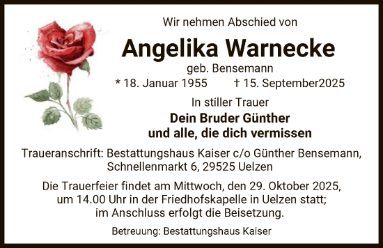 Traueranzeige von Angelika Warnecke von AZ
