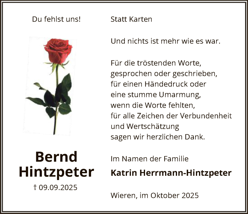  Traueranzeige für Bernd Hintzpeter vom 18.10.2025 aus AZ
