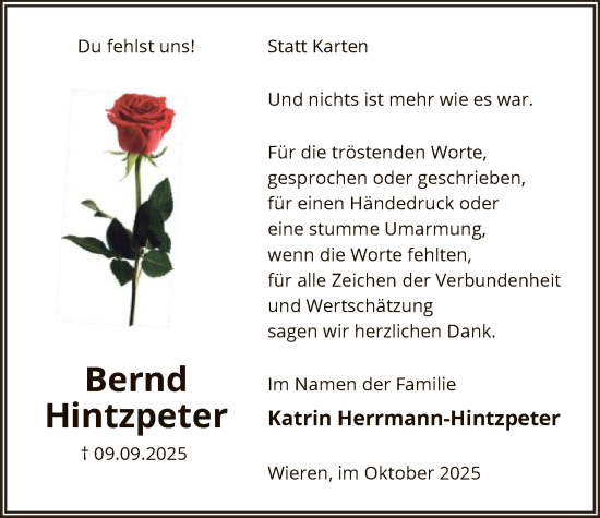 Traueranzeige von Bernd Hintzpeter von AZ