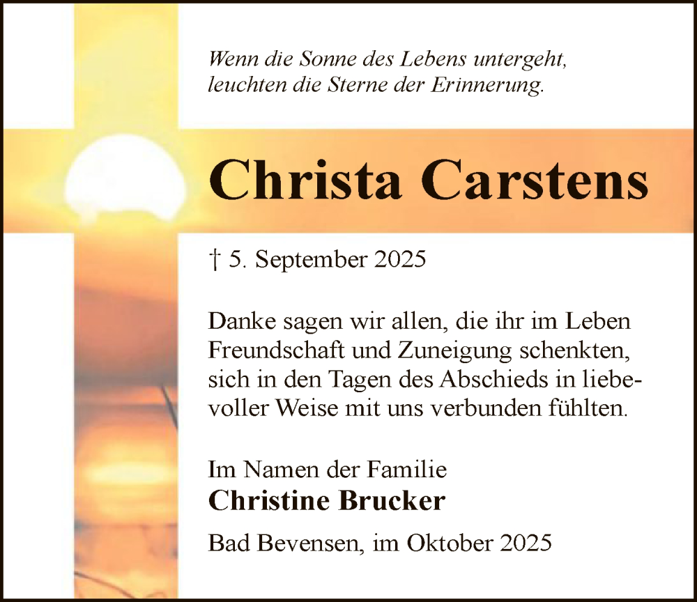  Traueranzeige für Christa Carstens vom 18.10.2025 aus AZ
