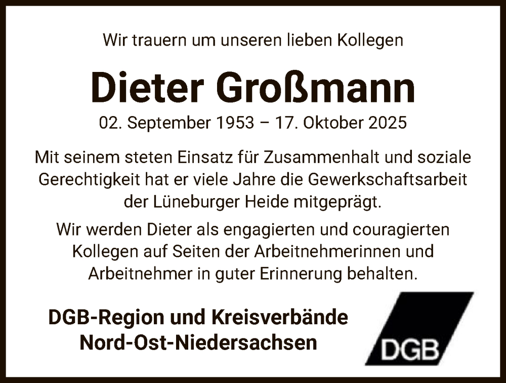  Traueranzeige für Dieter Großmann vom 25.10.2025 aus AZ