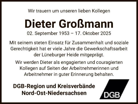 Traueranzeige von Dieter Großmann von AZ