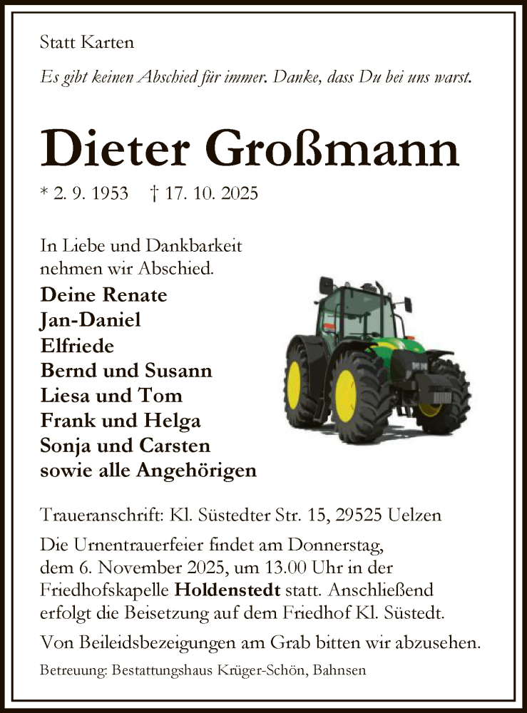  Traueranzeige für Dieter Großmann vom 25.10.2025 aus AZ