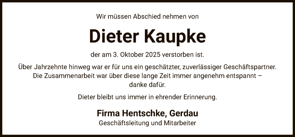  Traueranzeige für Dieter Kaupke vom 18.10.2025 aus AZ