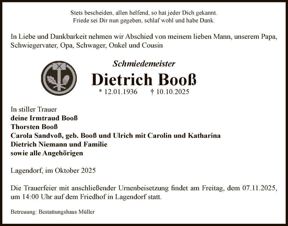  Traueranzeige für Dietrich Booß vom 16.10.2025 aus AMZ