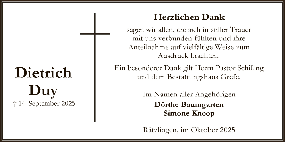  Traueranzeige für Dietrich Duy vom 18.10.2025 aus AZ
