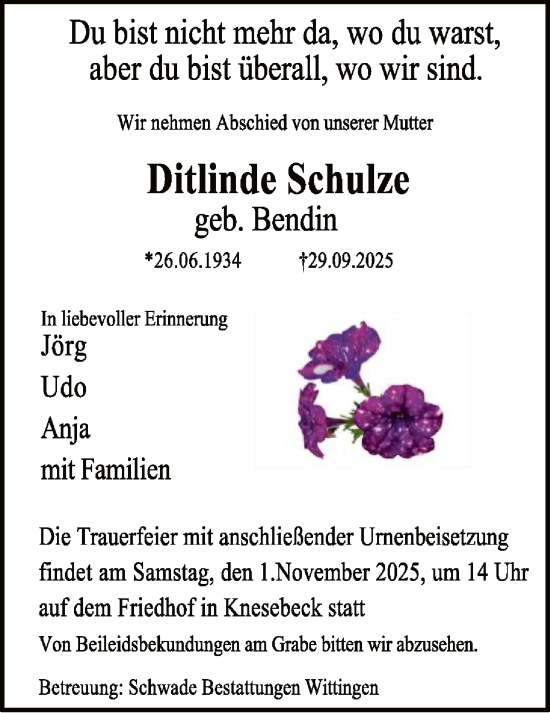 Traueranzeige von Ditlinde Schulze von IK