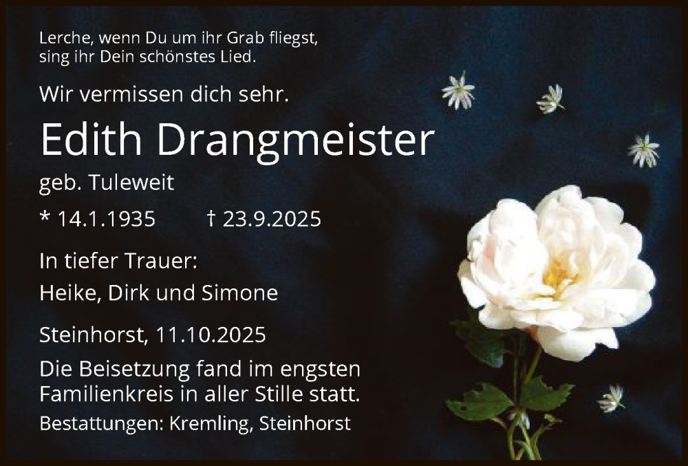  Traueranzeige für Edith Drangmeister vom 11.10.2025 aus IK