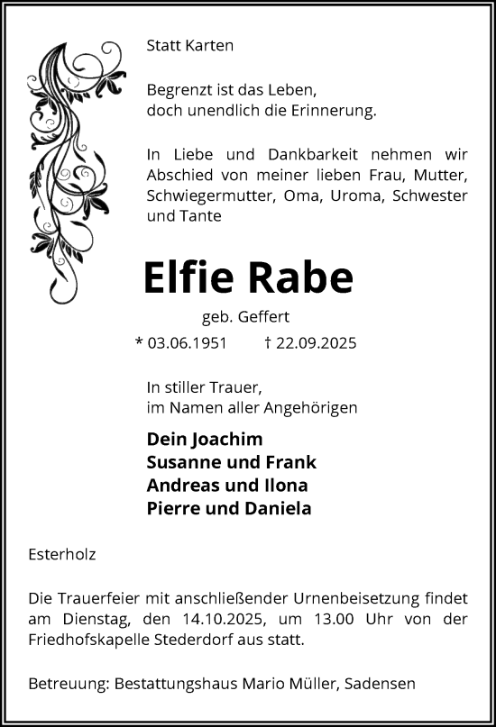Traueranzeige von Elfie Rabe von AZ