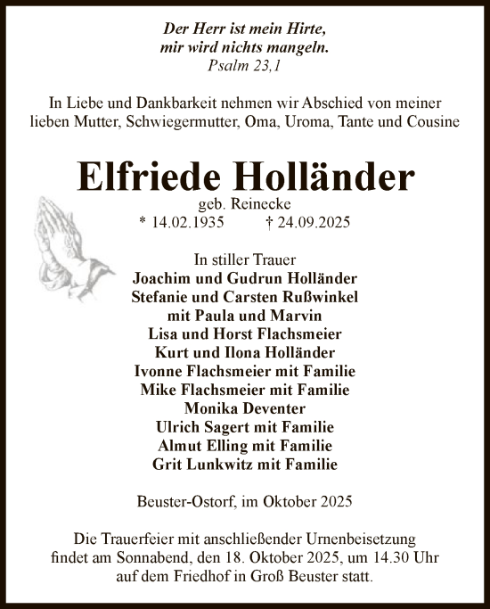 Traueranzeige von Elfriede Holländer von AMZ