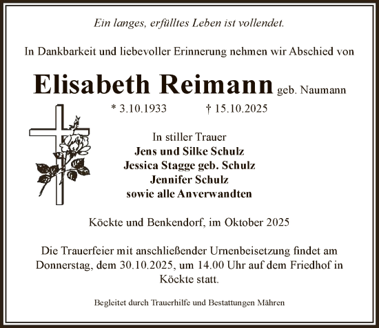 Traueranzeige von Elisabeth Reimann von AMZ
