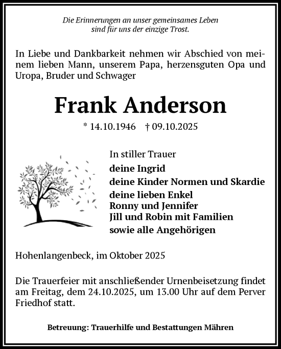 Traueranzeige von Frank Anderson von AMZ