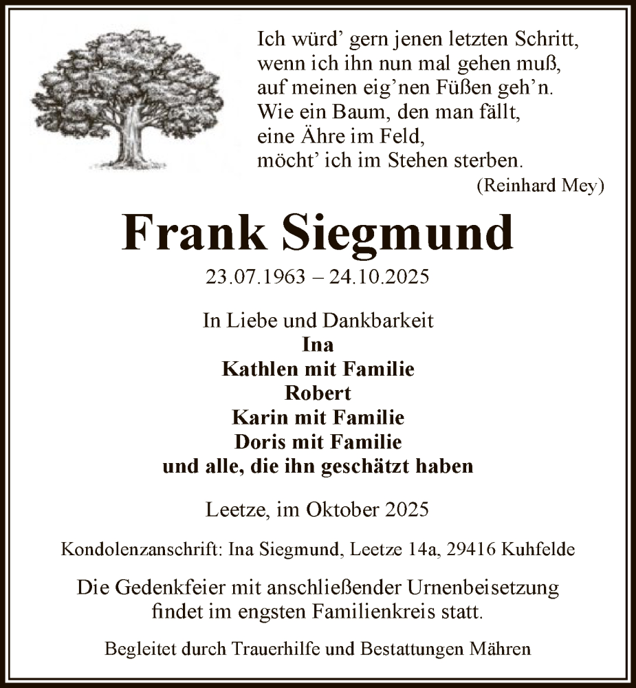  Traueranzeige für Frank Siegmund vom 30.10.2025 aus AMZ