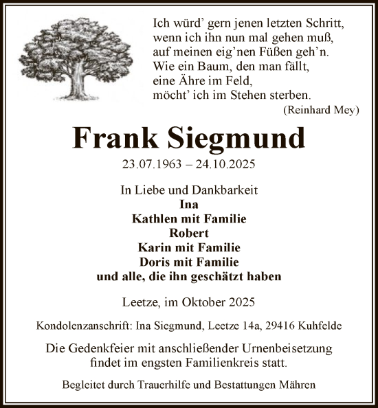 Traueranzeige von Frank Siegmund von AMZ