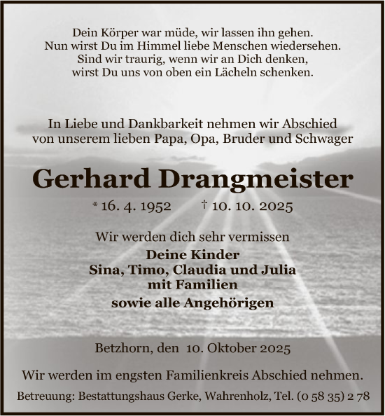 Traueranzeige von Gerhard Drangmeister von IK