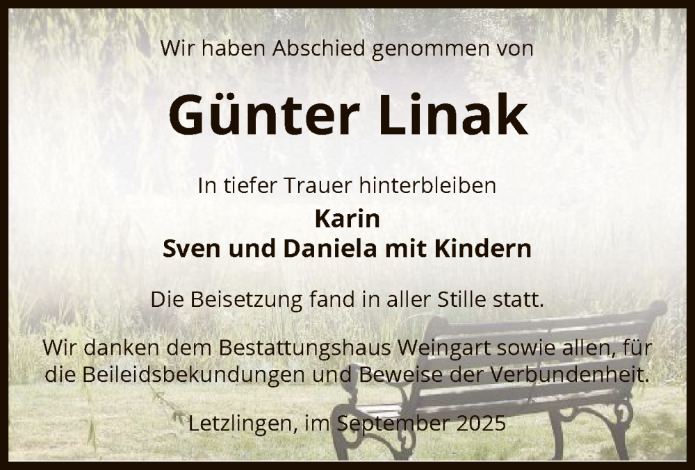  Traueranzeige für Günter Linak vom 04.10.2025 aus AMZ