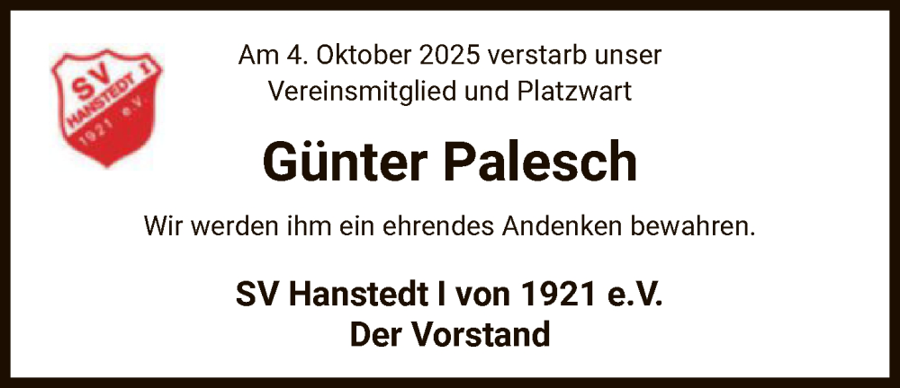  Traueranzeige für Günter Palesch vom 18.10.2025 aus AZ