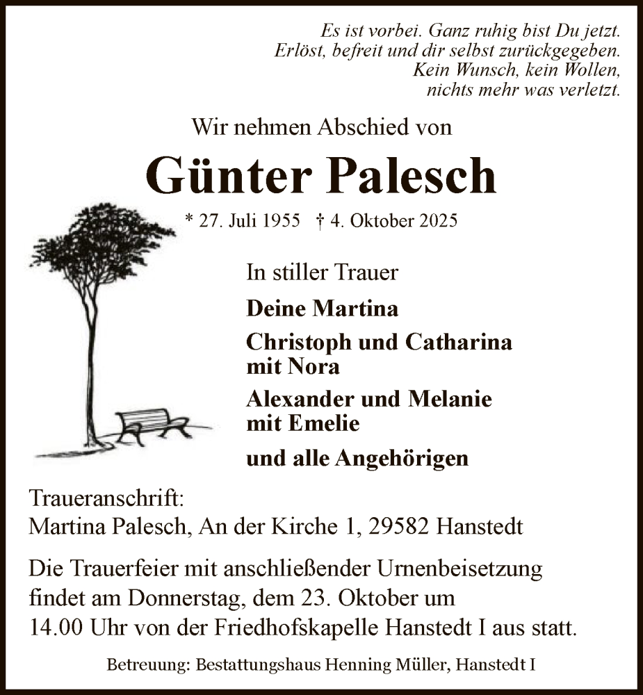  Traueranzeige für Günter Palesch vom 18.10.2025 aus AZ