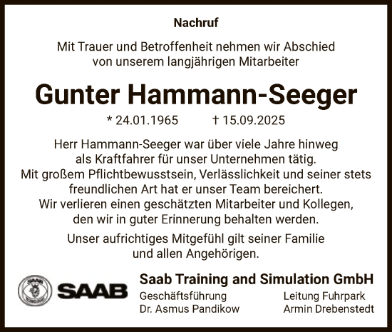 Traueranzeige von Gunter Hammann-Seeger von AMZ