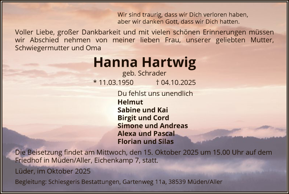  Traueranzeige für Hanna Hartwig vom 11.10.2025 aus AZ