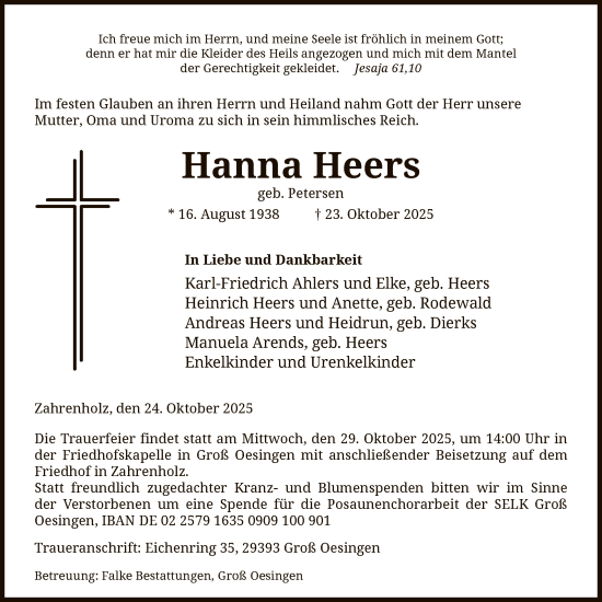 Traueranzeige von Hanna Heers von IK