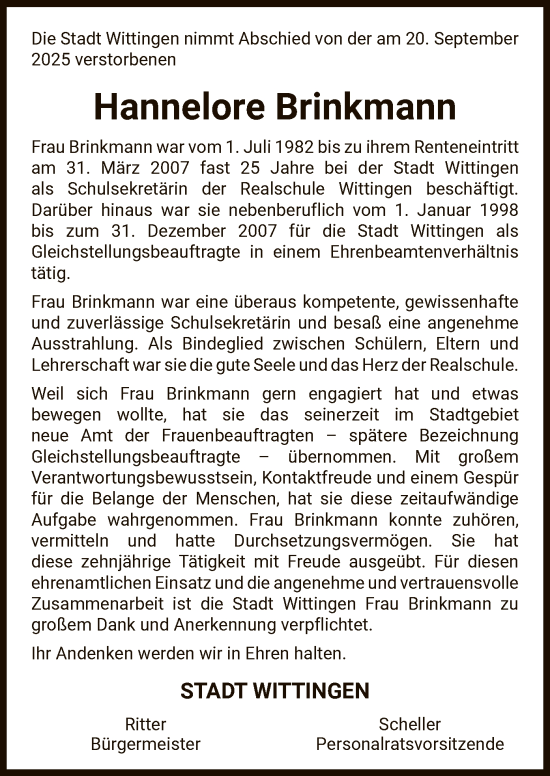 Traueranzeige von Hannelore Brinkmann von IK