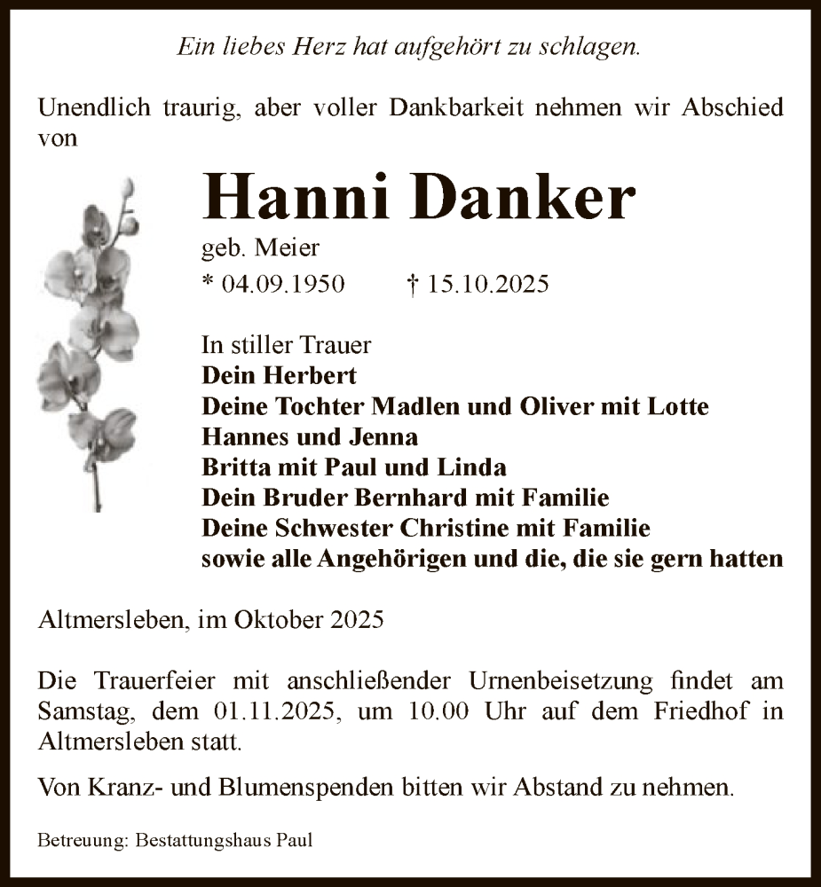  Traueranzeige für Hanni Danker vom 22.10.2025 aus AMZ