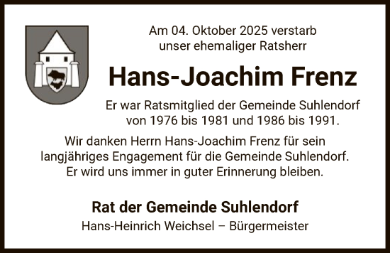 Traueranzeige von Hans-Joachim Frenz von AZ