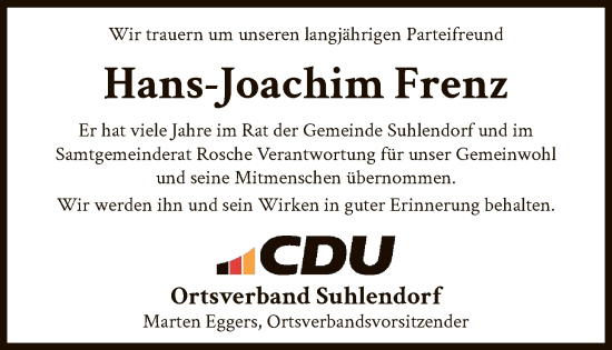 Traueranzeige von Hans-Joachim Frenz von AZ