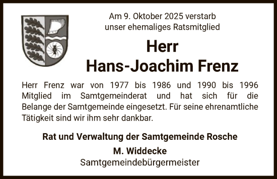 Traueranzeige von Hans-Joachim Frenz von AZ
