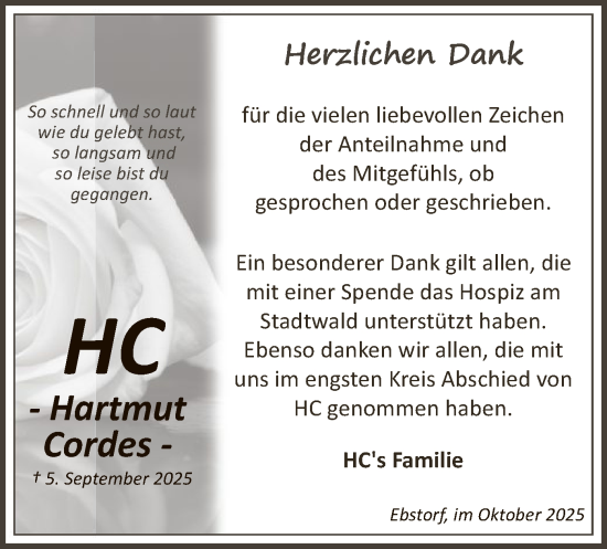 Traueranzeige von Hartmut Cordes von AZ