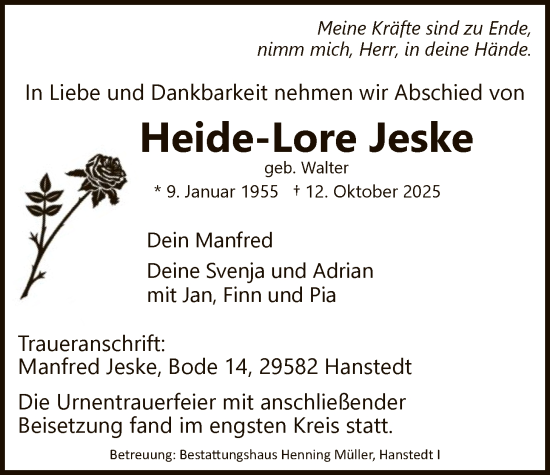 Traueranzeige von Heide-Lore Jeske von AZ
