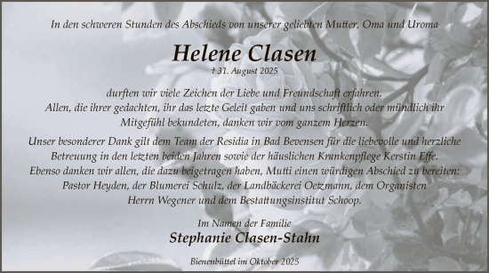 Traueranzeige von Helene Clasen von AZ