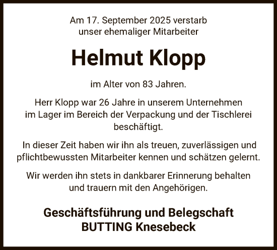 Traueranzeige von Helmut Klopp von IK