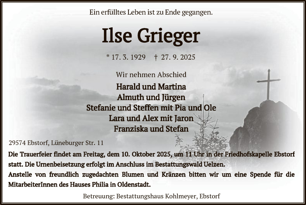  Traueranzeige für Ilse Grieger vom 04.10.2025 aus AZ