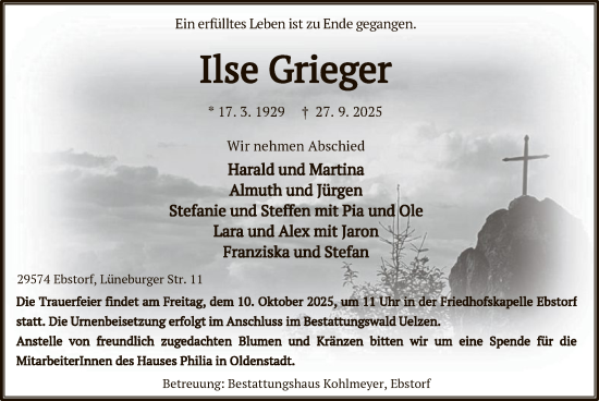 Traueranzeige von Ilse Grieger von AZ