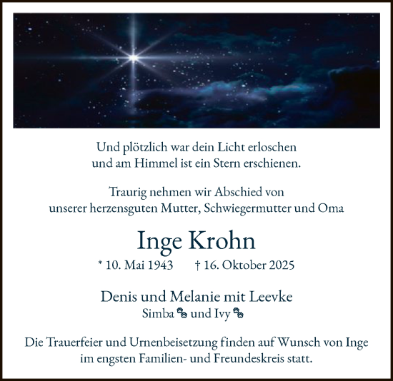 Traueranzeige von Inge Krohn von IK