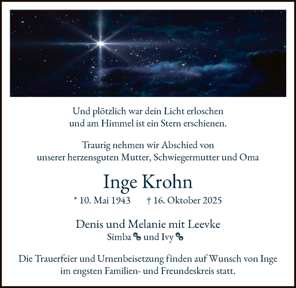  Traueranzeige für Inge Krohn vom 22.10.2025 aus IK