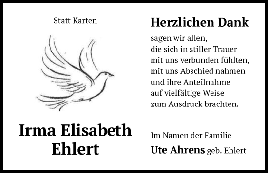 Traueranzeige von Irma Elisabeth Ehlert von IK