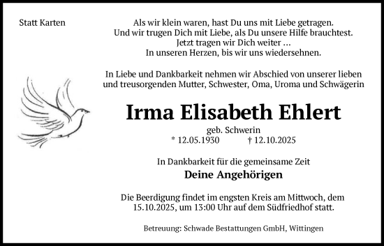 Traueranzeige von Irma Elisabeth Ehlert von IK
