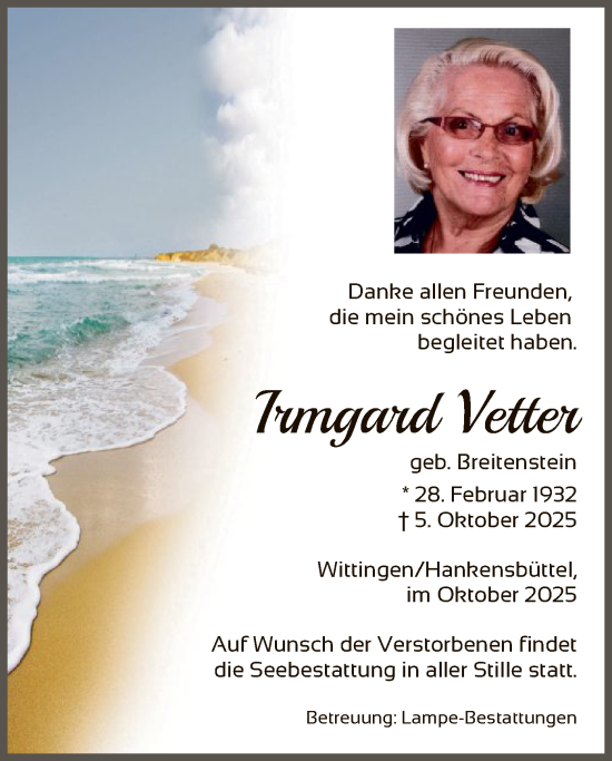 Traueranzeige von Irmgard Vetter von IK