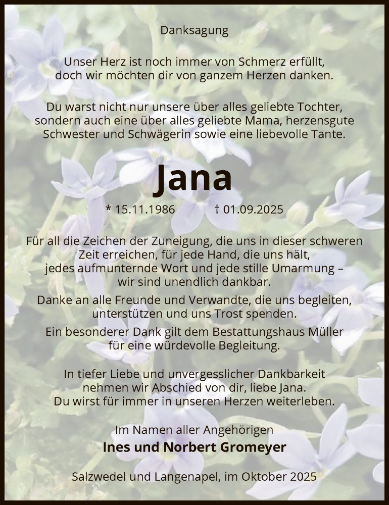  Traueranzeige für Jana Gromeyer vom 18.10.2025 aus AMZ