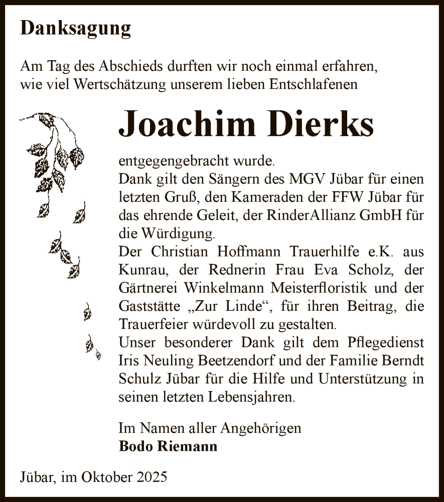  Traueranzeige für Joachim Dierks vom 11.10.2025 aus AMZ