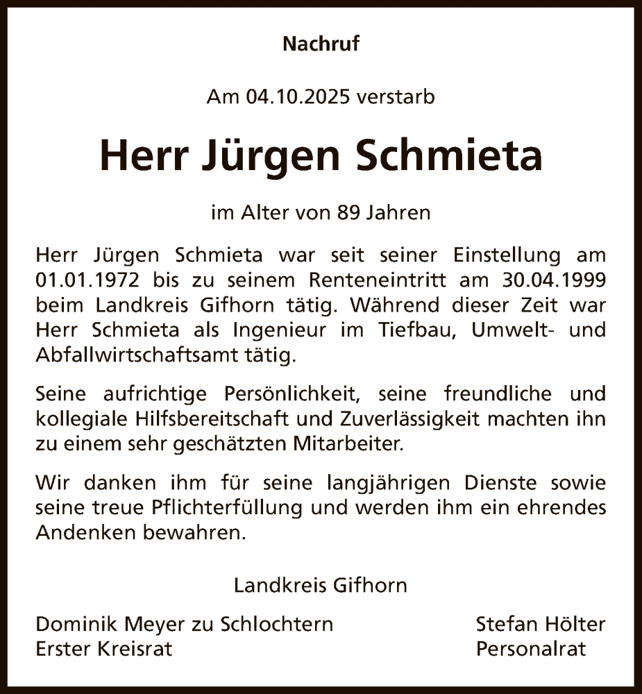  Traueranzeige für Jürgen Schmieta vom 30.10.2025 aus IK