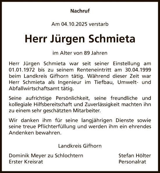 Traueranzeige von Jürgen Schmieta von IK